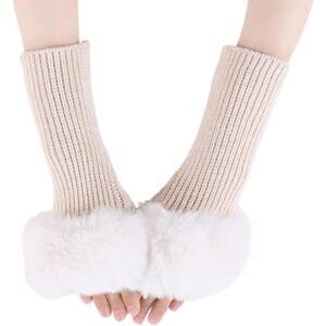 Women's Beige Knitted Fingerless Faux Fur Wrist Cuff Thumb Hole Warmers Gloves
